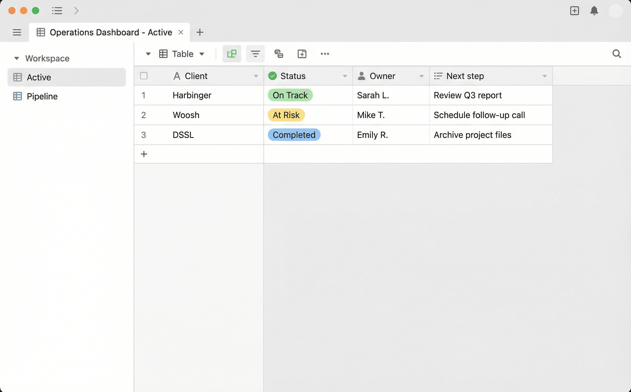 A clean Airtable table used to run operations
