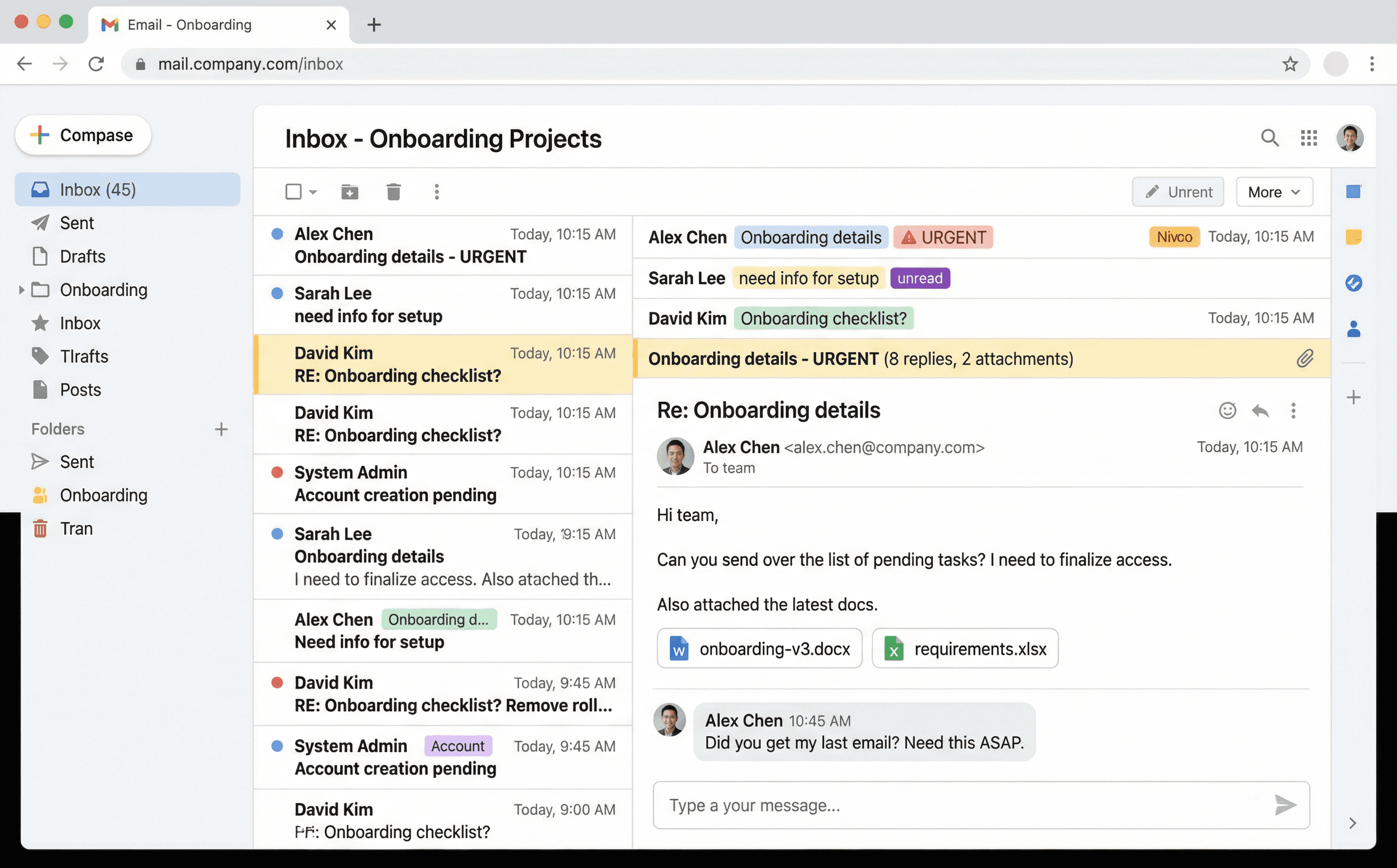 Onboarding information requested through email threads